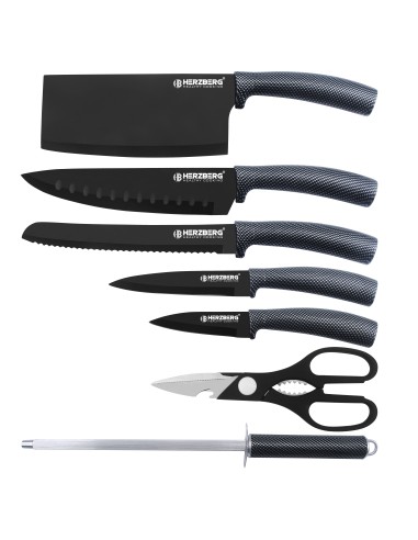 Herzberg Ensemble de 8 couteaux avec support en acrylique Carbone
