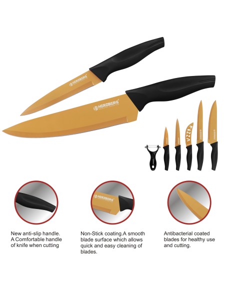 Herzberg Juego de cuchillos con revestimiento de mármol de 5 piezas Dorado