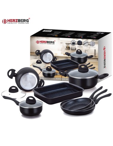 Herzberg Batterie de cuisine enduite de marbre 10 pièces Noir