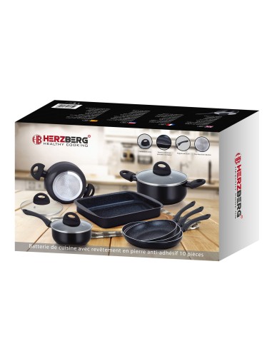 Herzberg Batterie de cuisine enduite de marbre 10 pièces Noir