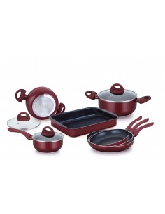 Herzberg HG-9016BR  Batterie de cuisine enduite de marbre 10 pièces Bourgogne