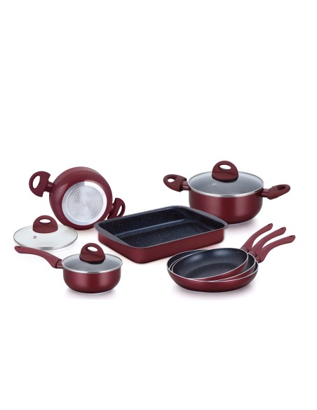 Herzberg HG-9016BR  Batterie de cuisine enduite de marbre 10 pièces Bourgogne