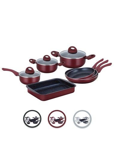 Herzberg HG-9016BR  Batterie de cuisine enduite de marbre 10 pièces Bourgogne