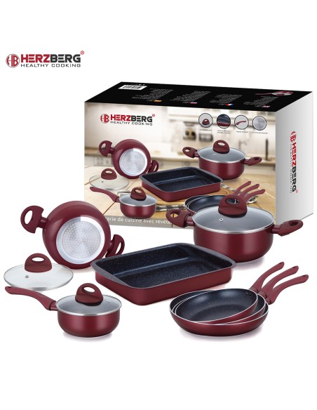Herzberg HG-9016BR  Batterie de cuisine enduite de marbre 10 pièces Bourgogne