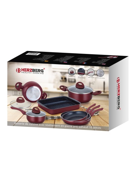 Herzberg HG-9016BR  Batterie de cuisine enduite de marbre 10 pièces Bourgogne