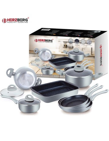 Herzberg Batterie de cuisine enduite de marbre 10 pièces Argent